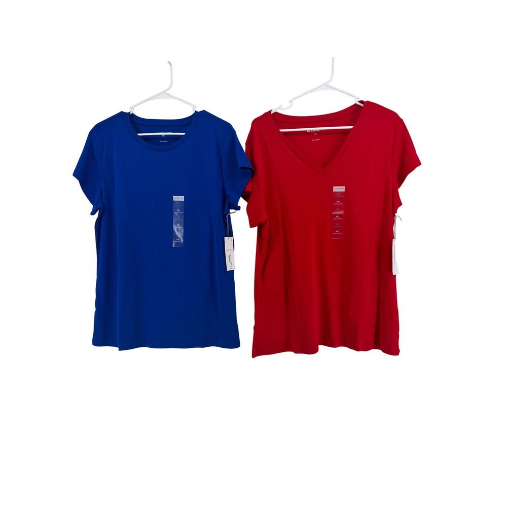Liz Claiborne Womens XXL 2 Pack T-Shirt Bold Blue Crew Cabaret Red V-Neck Cotton